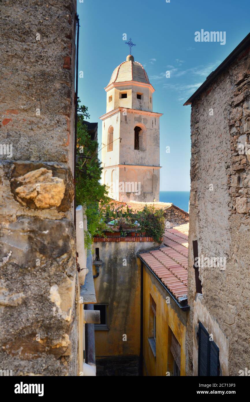 A characteristic glimpse of the splendid village of Cervo,Liguria,and in the background the bell tower of the former Oratory of Santa Caterina. Stock Photo