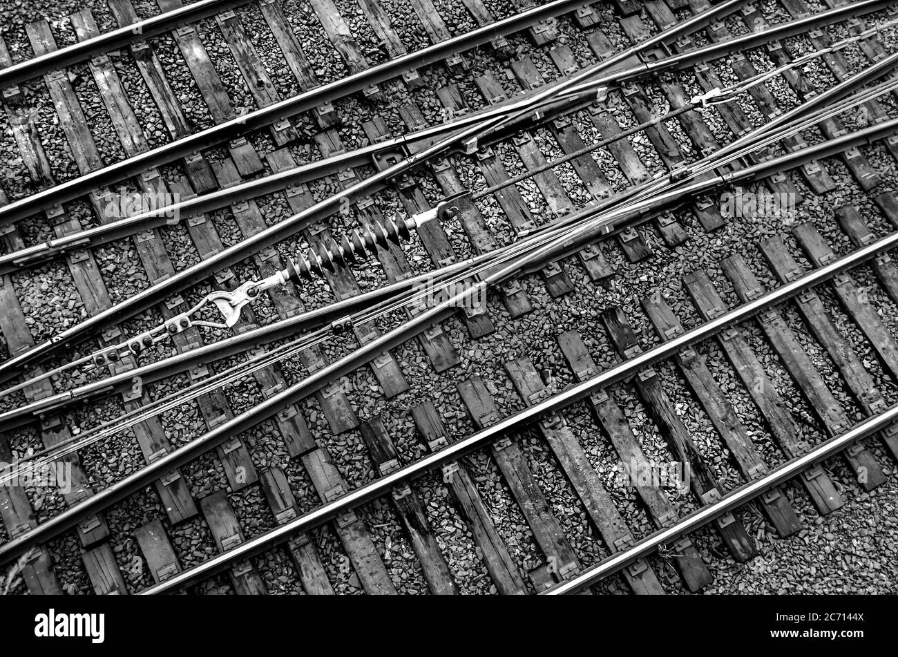 Top view of track rails. Abstract photo transport. Stock Photo