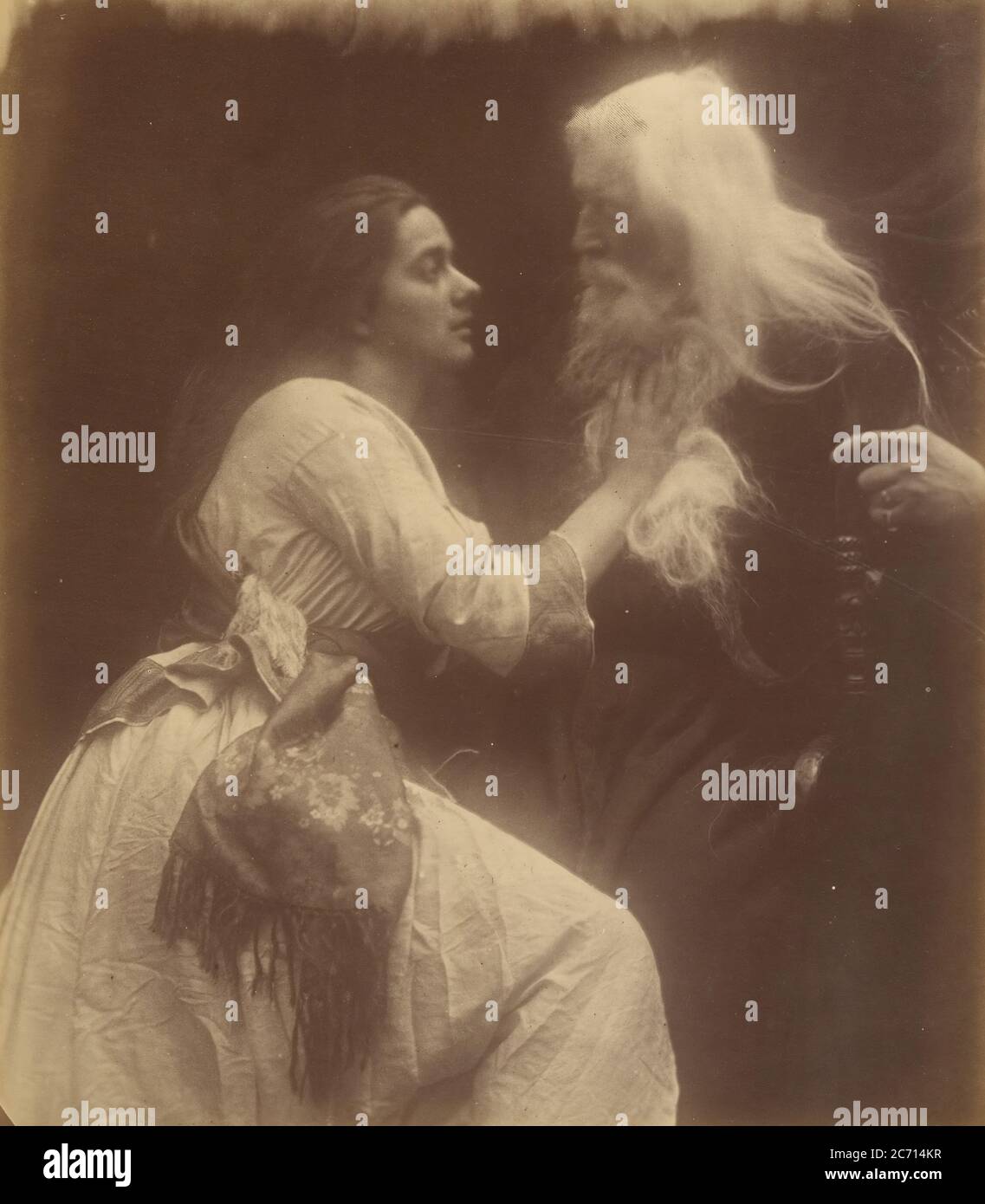 Vivien and Merlin, September 1874. A photographic illustration to Alfred Tennyson's &quot;Idylls of the King&quot;; a series of narrative poems based on the legends of King Arthur. Stock Photo