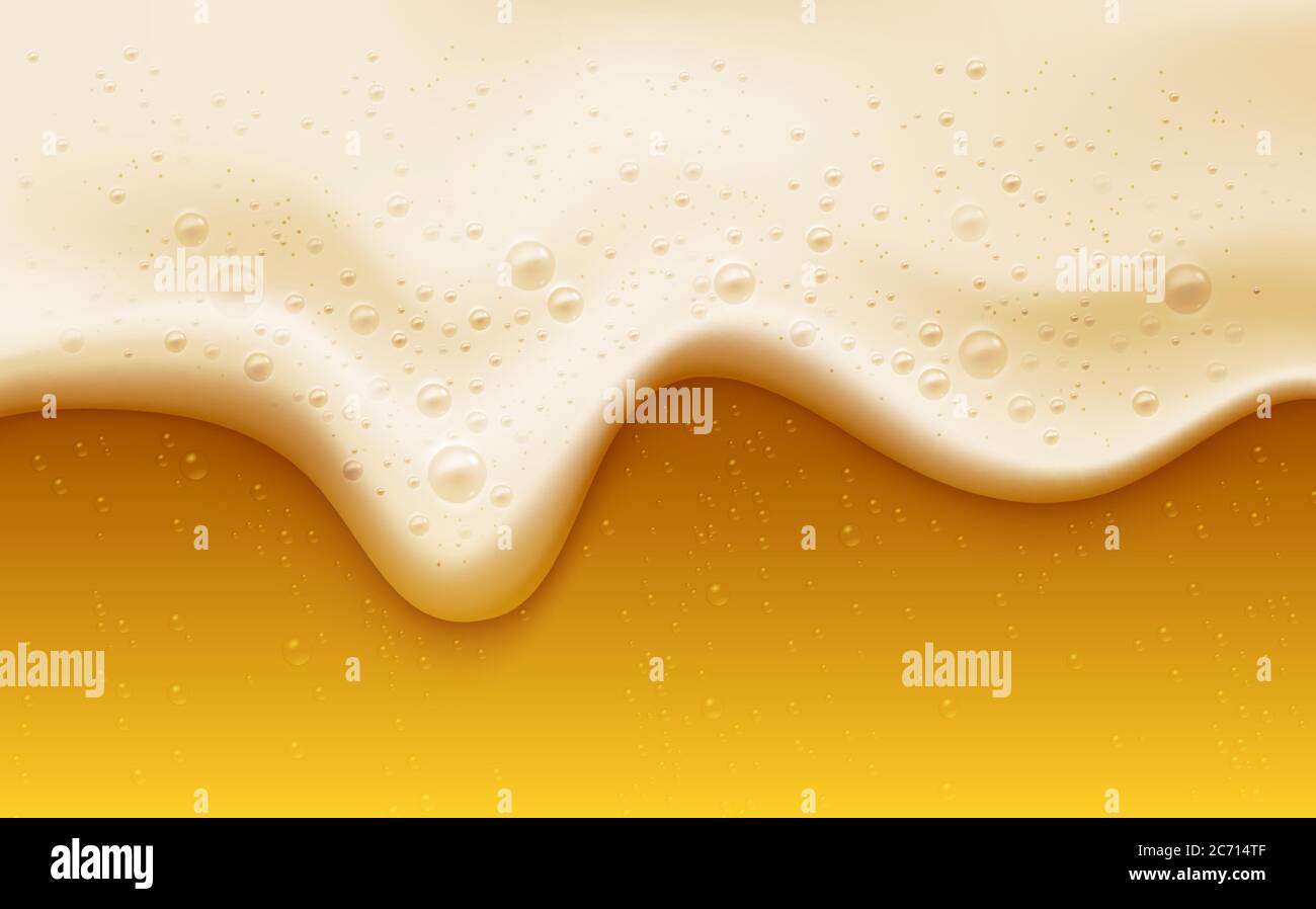 Realistic beer foam with bubbles. Beer glass with a cold drink. Background for bar design, oktoberfest flyers. Vector illustration Stock Vector