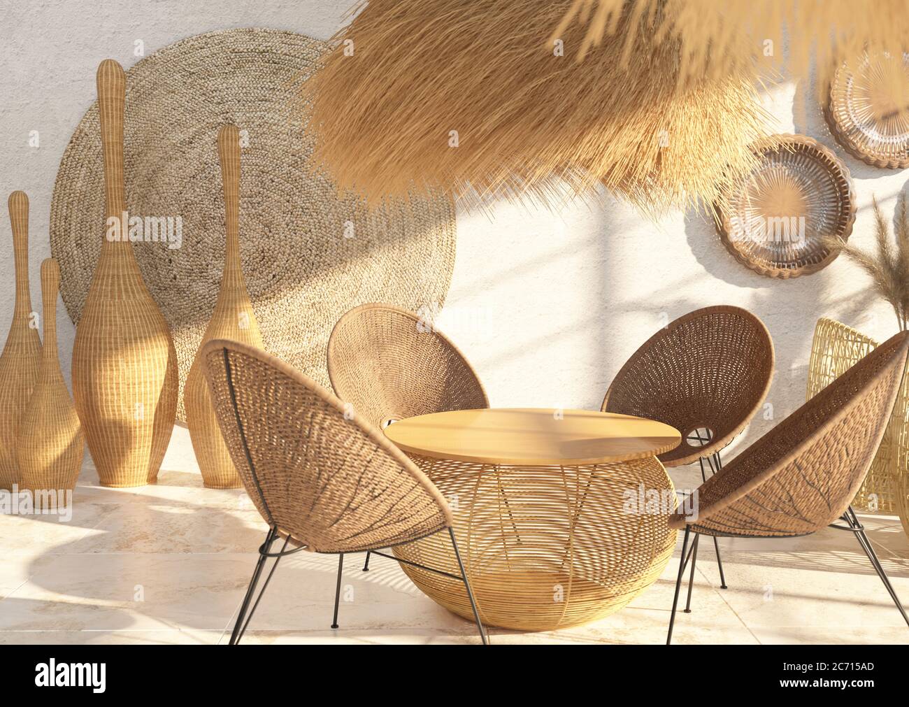 Interior of a cafe or restaurant with wicker furniture and rattan and straw décor. Round dining table. Ethnic style. 3D rendering Stock Photo