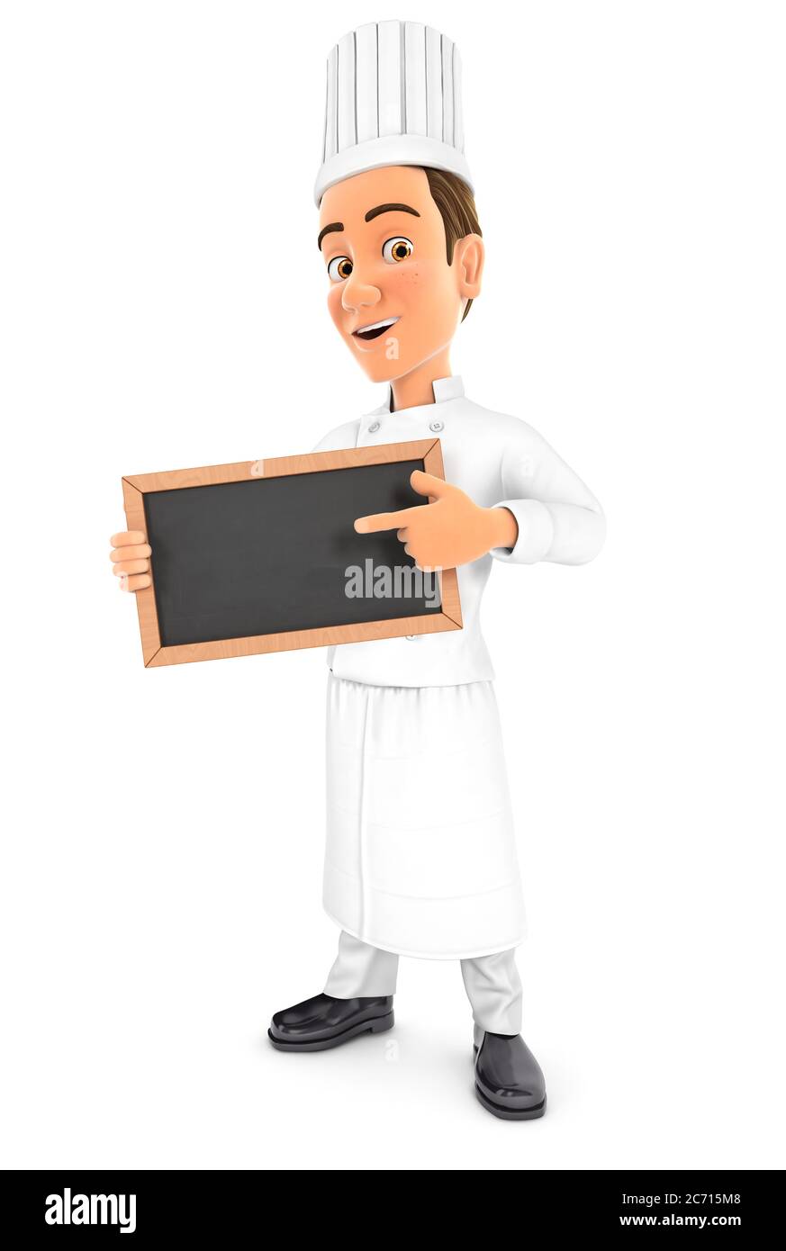 3d head chef standing with slate chalkboard, illustration with isolated ...