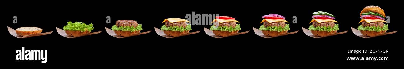 Classic burger isolated on a black background. Step by step recipe for making a burger. Stages of burger preparation, adding ingredients. Stock Photo
