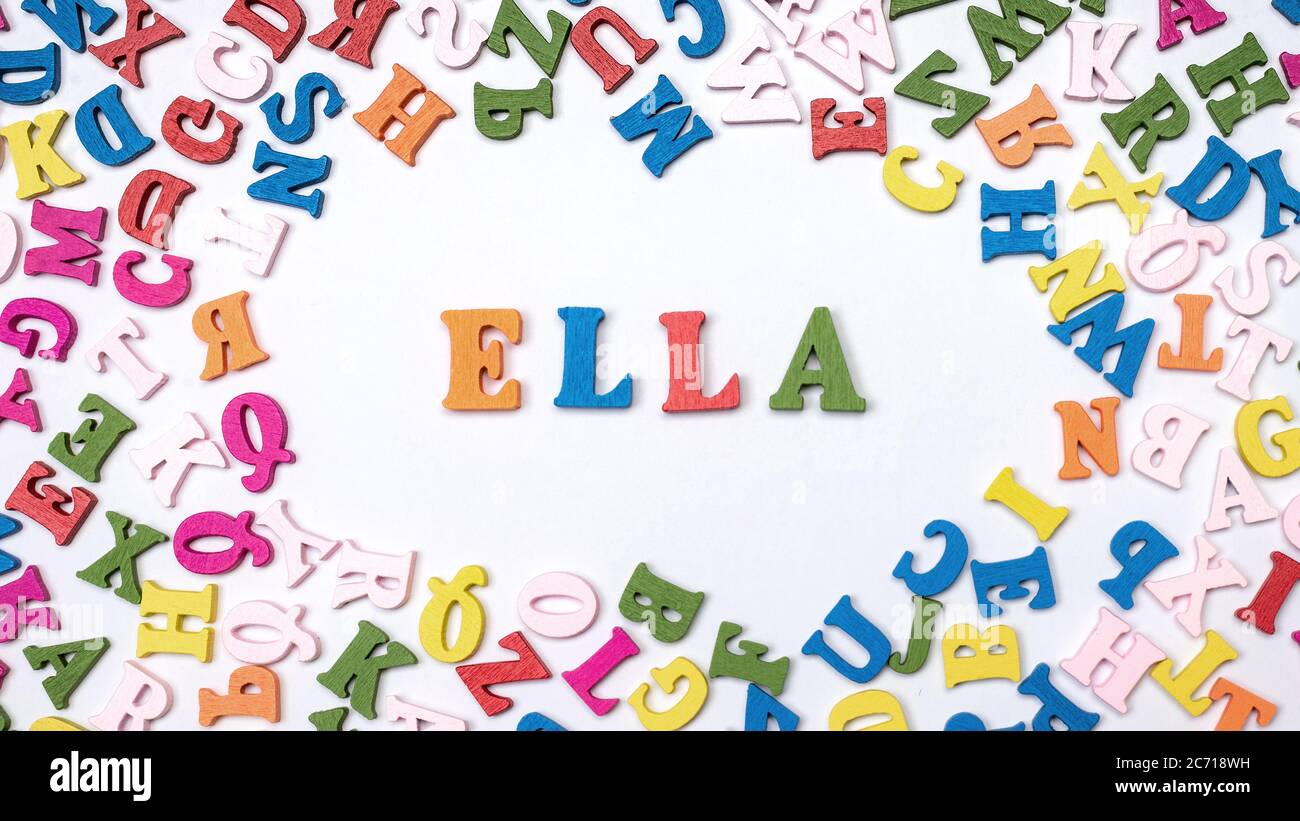 Baby name ELLA composed of wooden letters on floor Stock Photo - Alamy