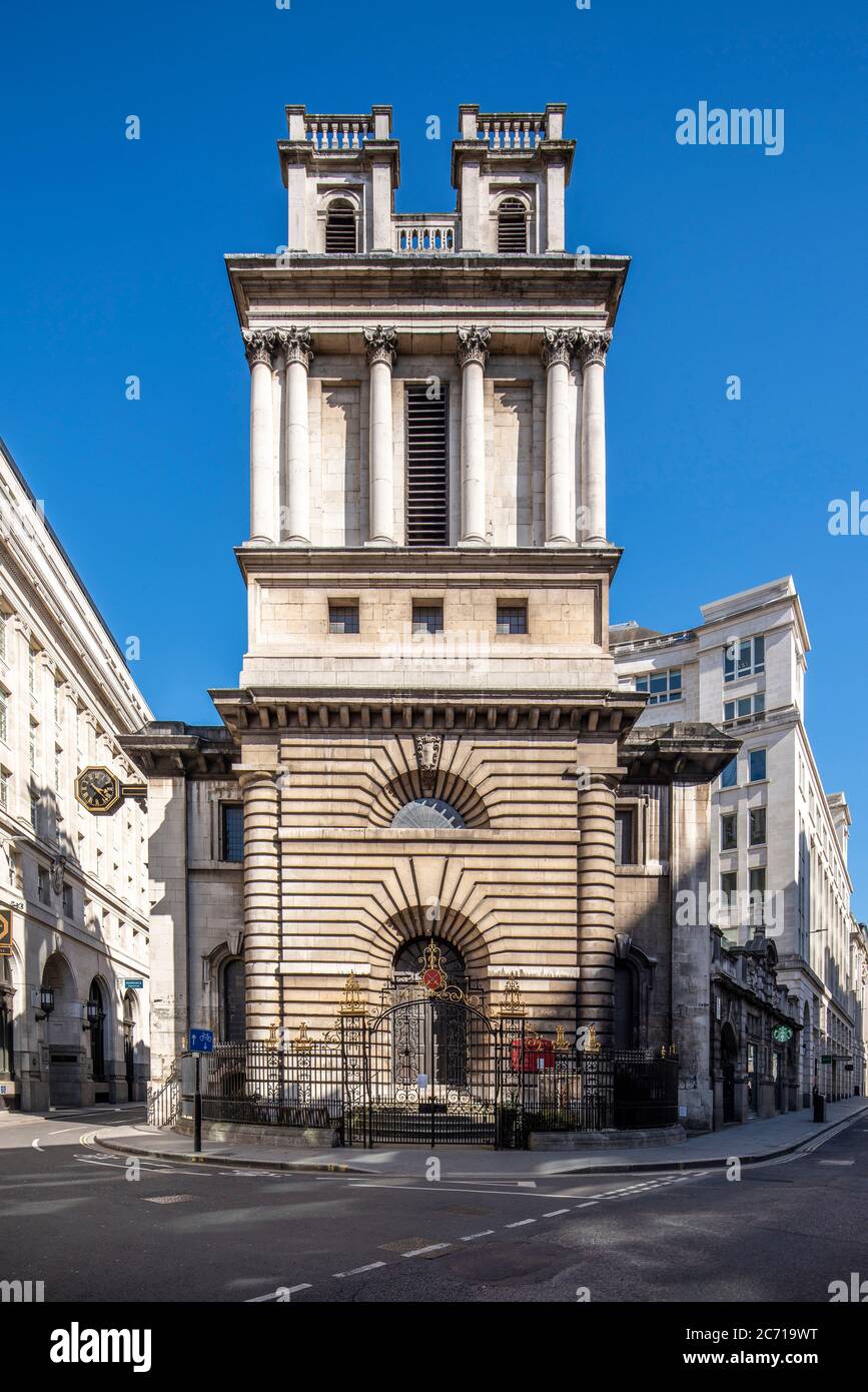 Axial view of main entrance, looking east from Lombard Street. Nicholas Hawksmoor - St. Mary Woolnoth Church, London, United Kingdom. Architect: Nicho Stock Photo
