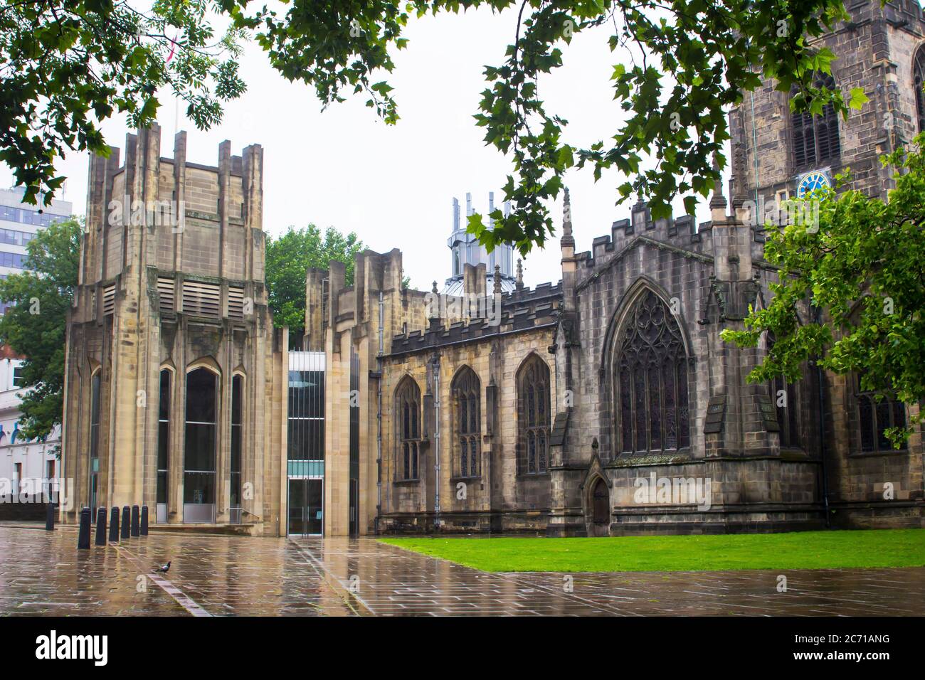 8 July 2020 Sheffield Cathedral on Church Street, Sheffield England. This building with its imposing clock tower and ramparts is a fine example of Got Stock Photo