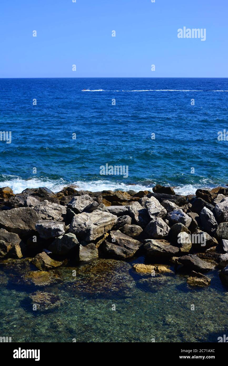 Sestri Levante, Genoa, Liguria, Italy. Shades of blue in the sky and the Ligurian sea. Stock Photo