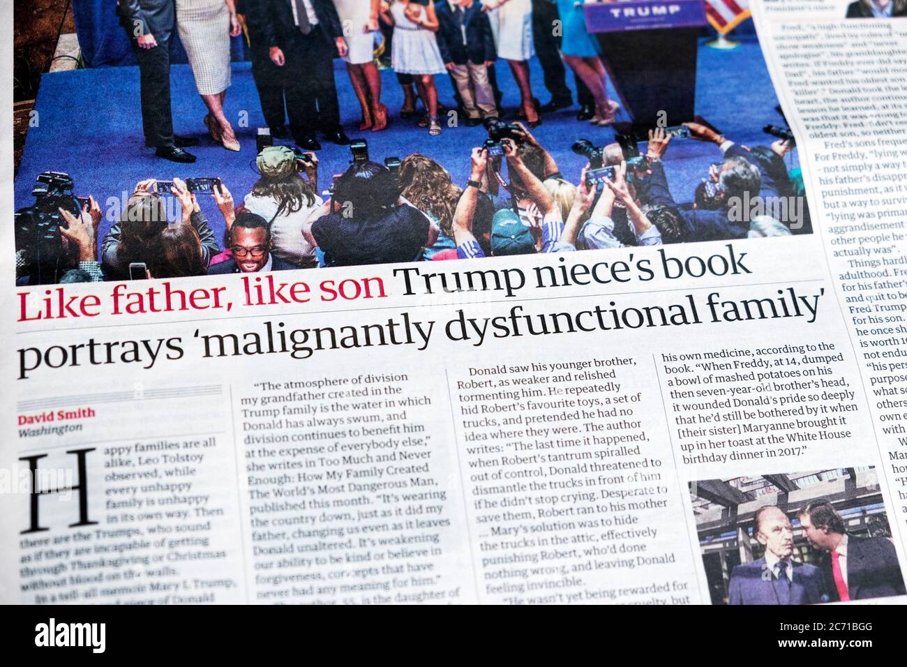 'Trump niece's book portrays 'malignantly dysfunctional family' Mary Trump book article headline in the Guardian newspaper London UK 8 July 2020 Stock Photo