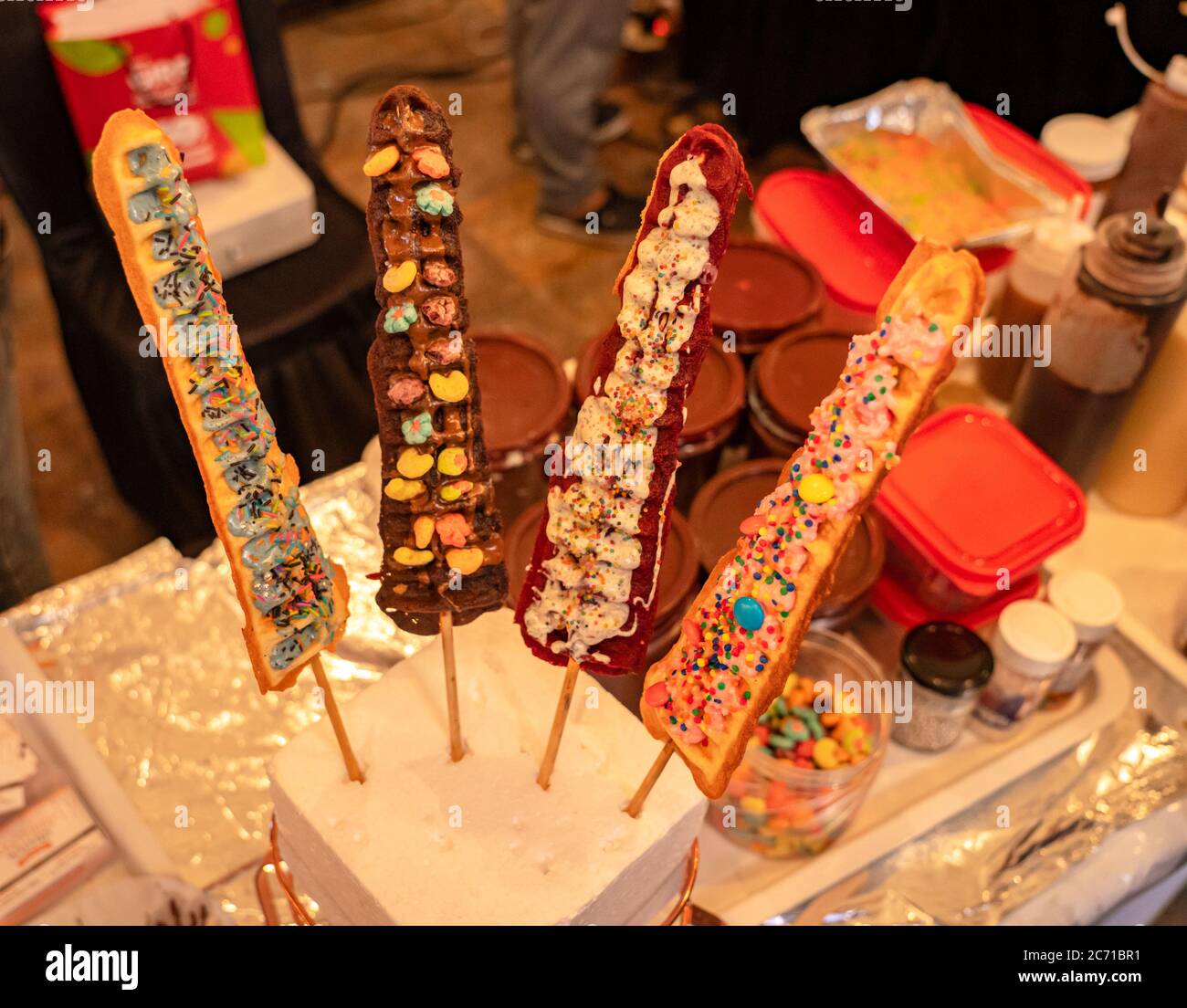 Lolly Waffle displayed in a counter at a food festival Stock Photo