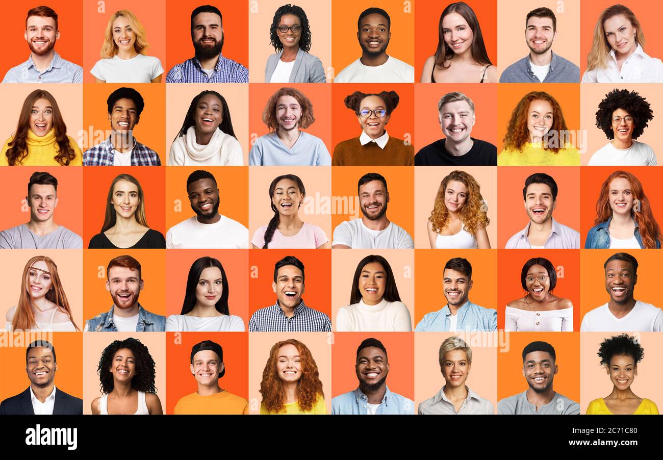 Smiling faces mosaic of diverse people portraits on colorful ...
