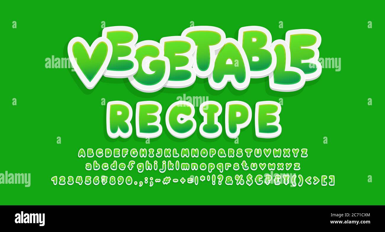Bright sticker style Alphabet fresh green gradient color. Food cartoon 3d font, uppercase and lowercase letters, numbers, symbols. Vector illustration Stock Vector
