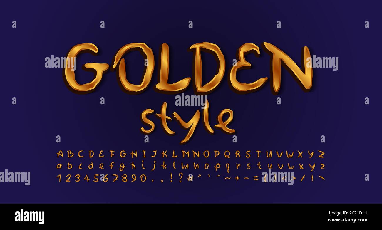 Golden style alphabet handwritten typeface golden colored. Uppercase and lowercase letters, numbers, symbols. Gradient background Navy blue colors. Ve Stock Vector
