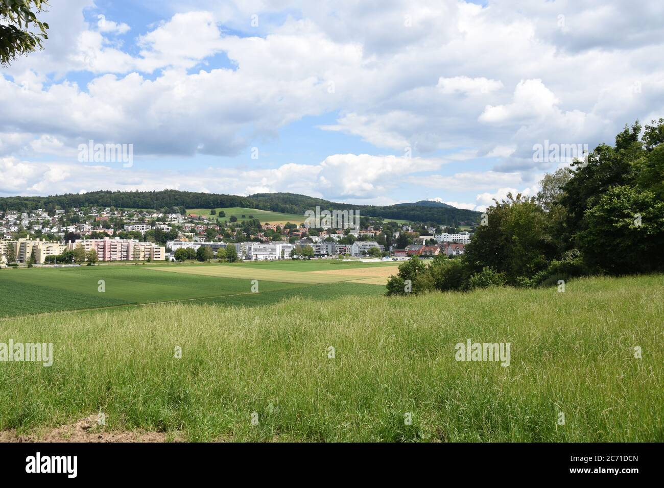 Panoramic view on the village Urdorf, municipality in the district of Dietikon in the canton of Zürich in Switzerland, located in the Limmat Valley. Stock Photo