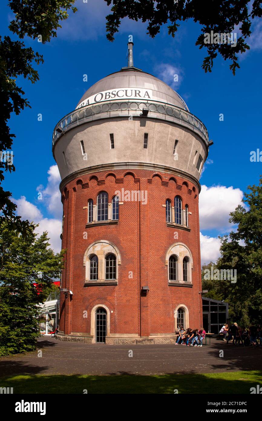 water tower in Muelheim-Broich, the tower houses the world's largest walk-in camera obscura and the Museum of Prehistory of Film, Muelheim at the rive Stock Photo