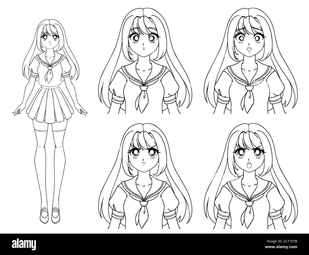 sketch of anime girl cute manga girl line art Stock Vector