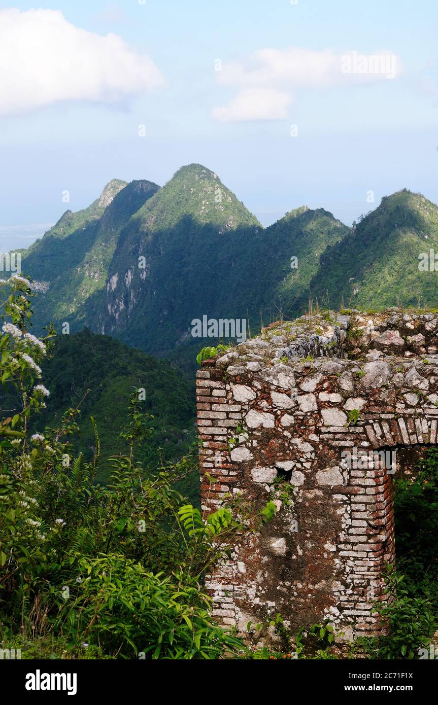 The view on the Citadelle la ferriere fort and  valley near Cap Haitien, Haiti. Stock Photo