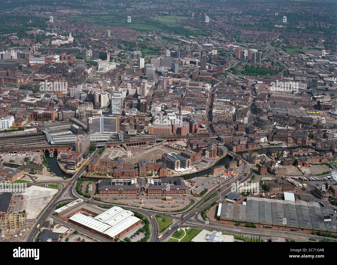 Classic aerial view of Leeds City centre from the south, taken in 1997