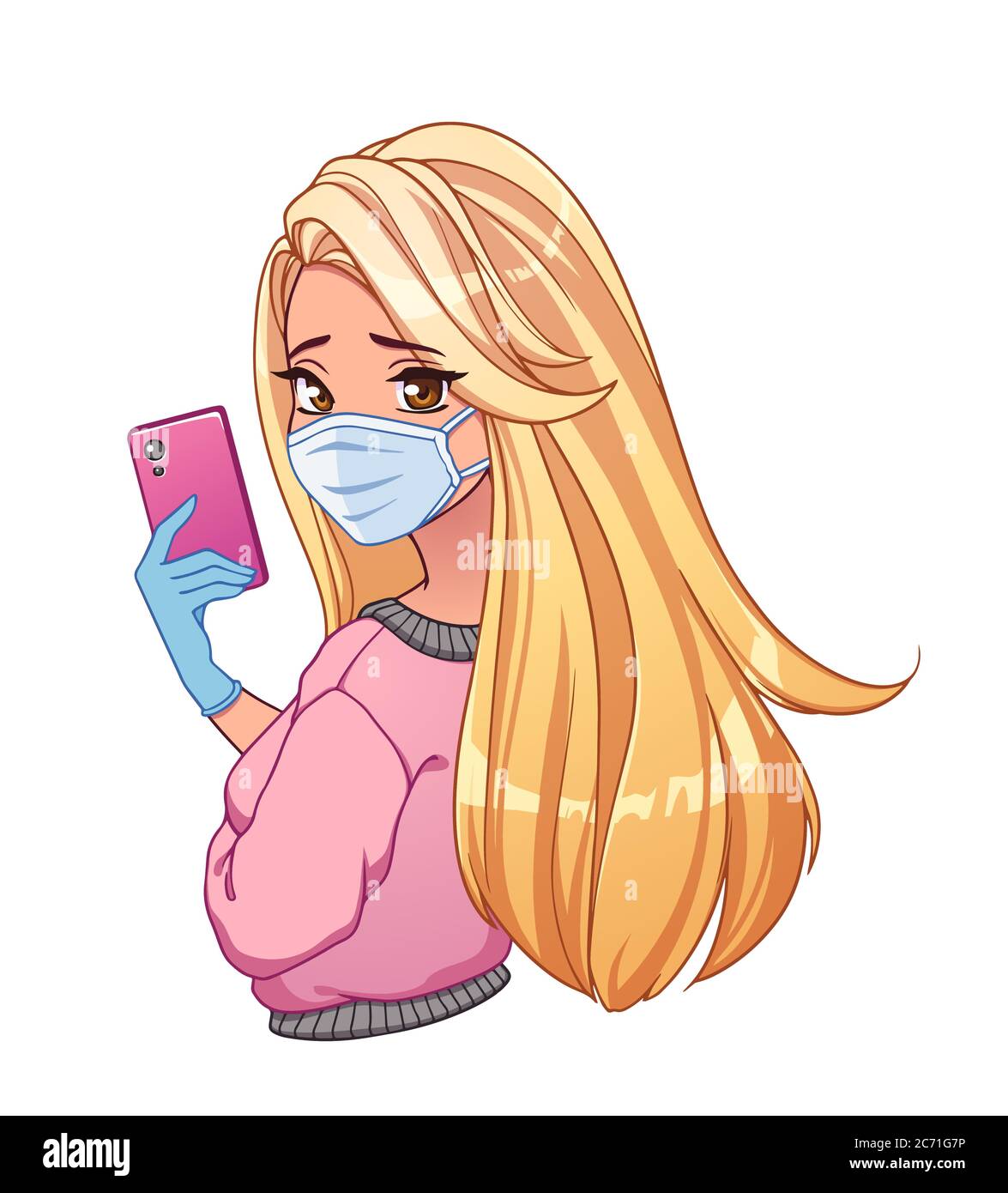 Pretty cartoon girl with tan skin and long blonde hair taking selfie and  wearing medical mask and pink shirt. Hand drawn vector illustration  isolated Stock Vector Image & Art - Alamy
