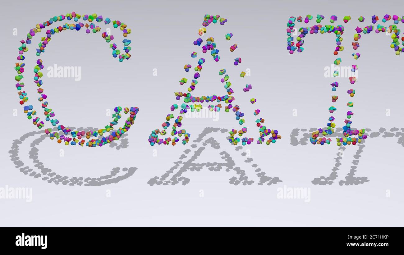 CAT: 3D illustration of the text made of small objects over a white ...