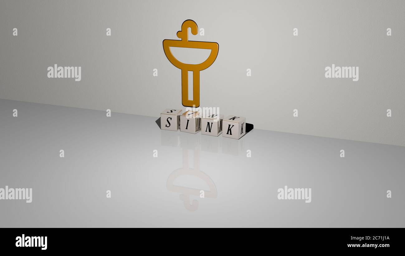 3D graphical image of SINK vertically along with text built by metallic ...