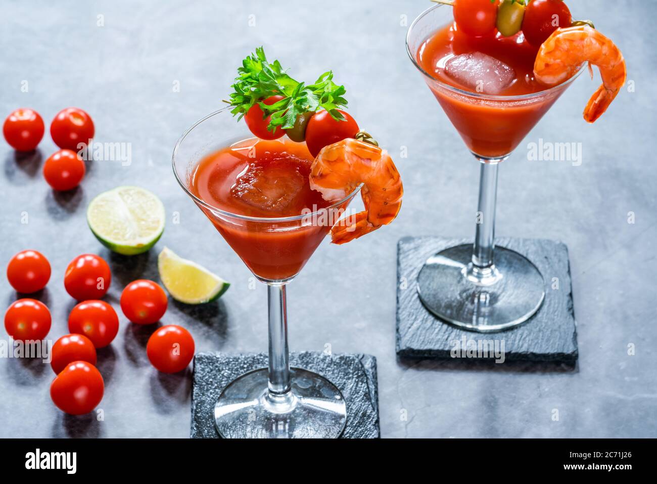 Bloody Mary cocktail with vodka and tomato juice with garnishes