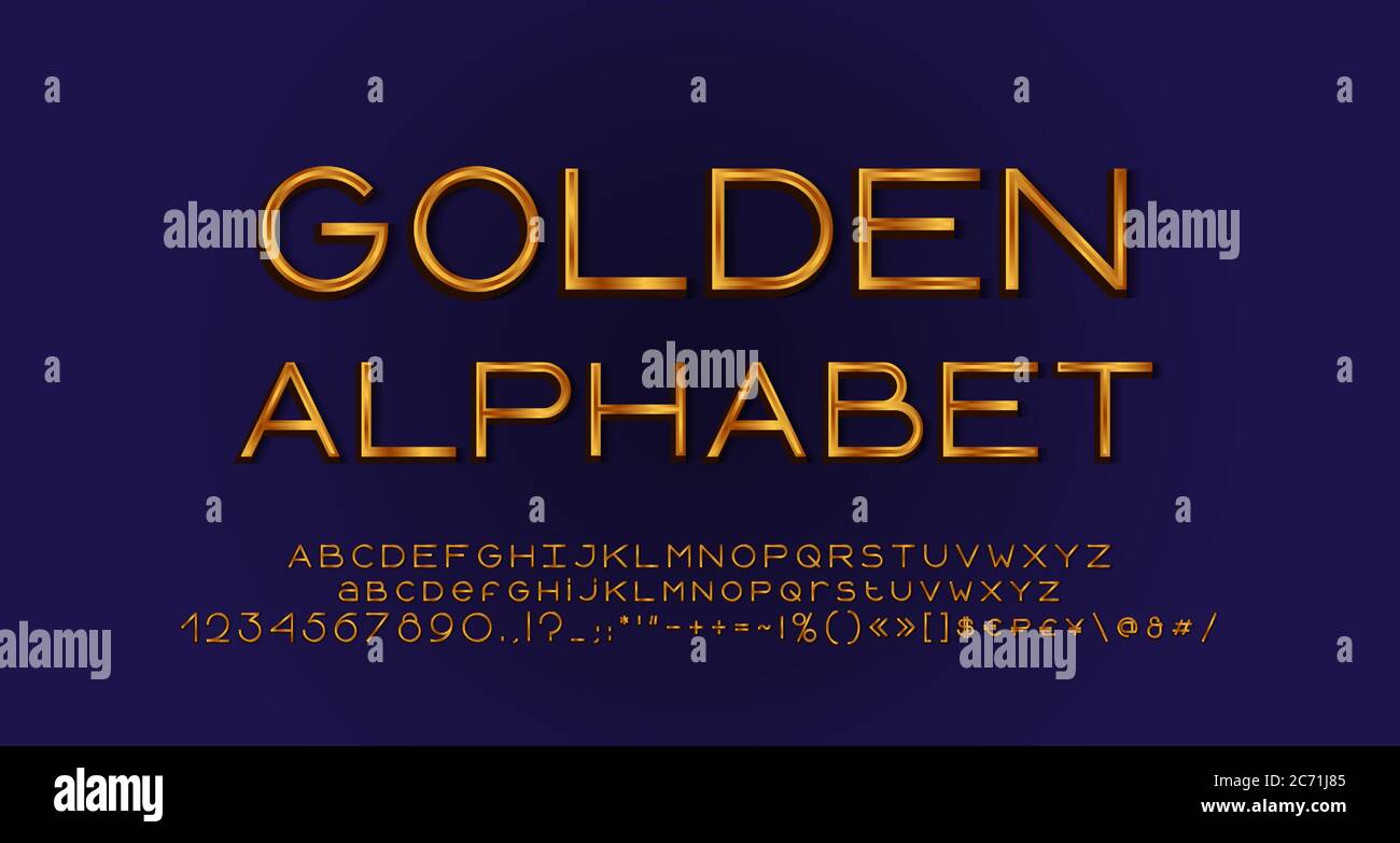 Elegant golden alphabet, geometric thin lines font typography. Uppercase and lowercase letters, numbers, symbols and marks. Vector illustration. Stock Vector