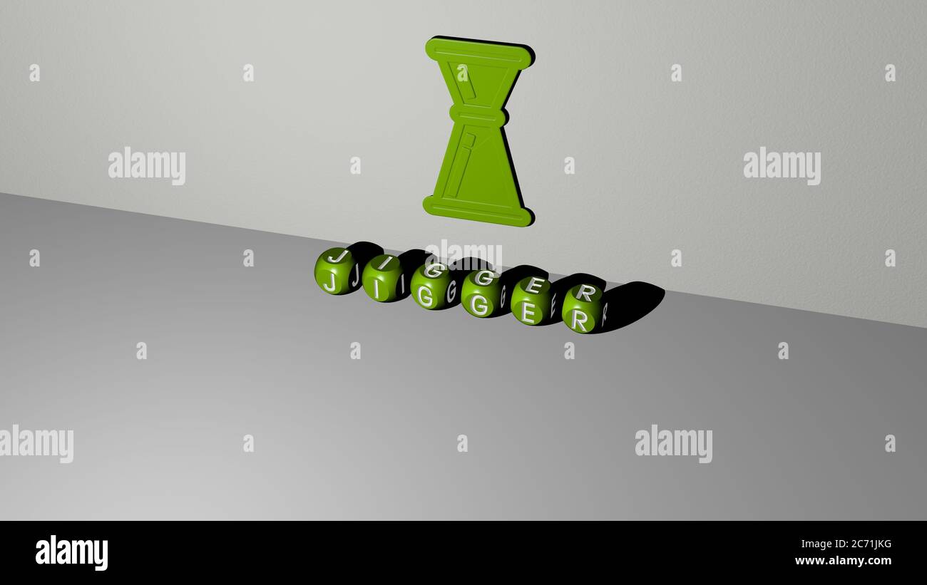 3D illustration of JIGGER graphics and text made by metallic dice