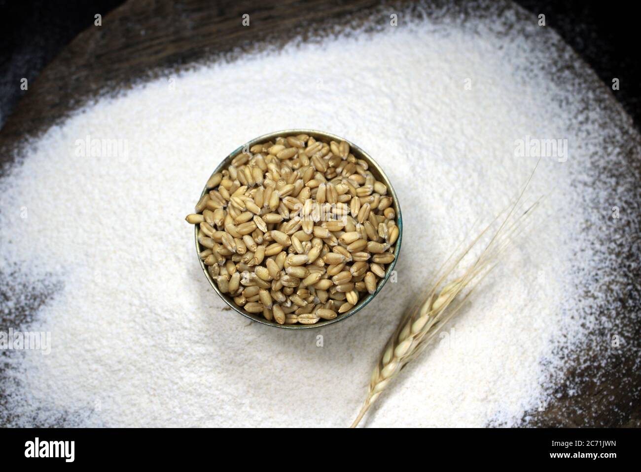 Pile of organic whole grain wheat. Fresh harvested wheat grain on wheat