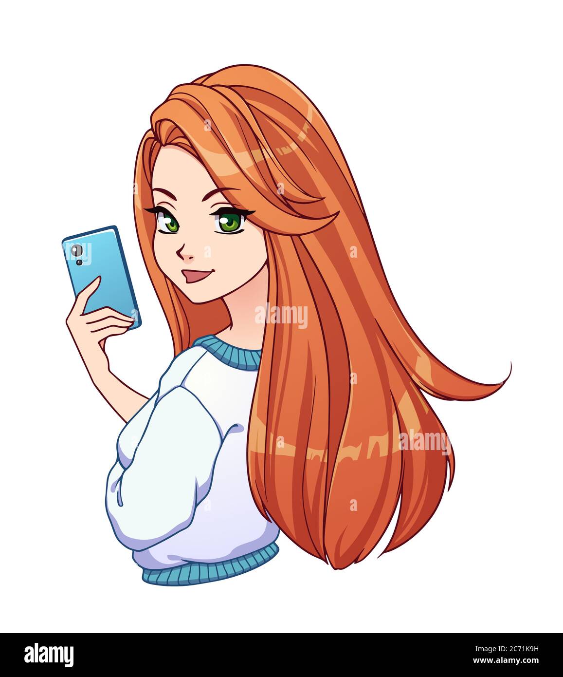 Pretty Cartoon Girl With Long Red Hair Taking Selfie And Wearing White Shirt Hand Drawn Vector Illustration Isolated On White Stock Vector Image Art Alamy