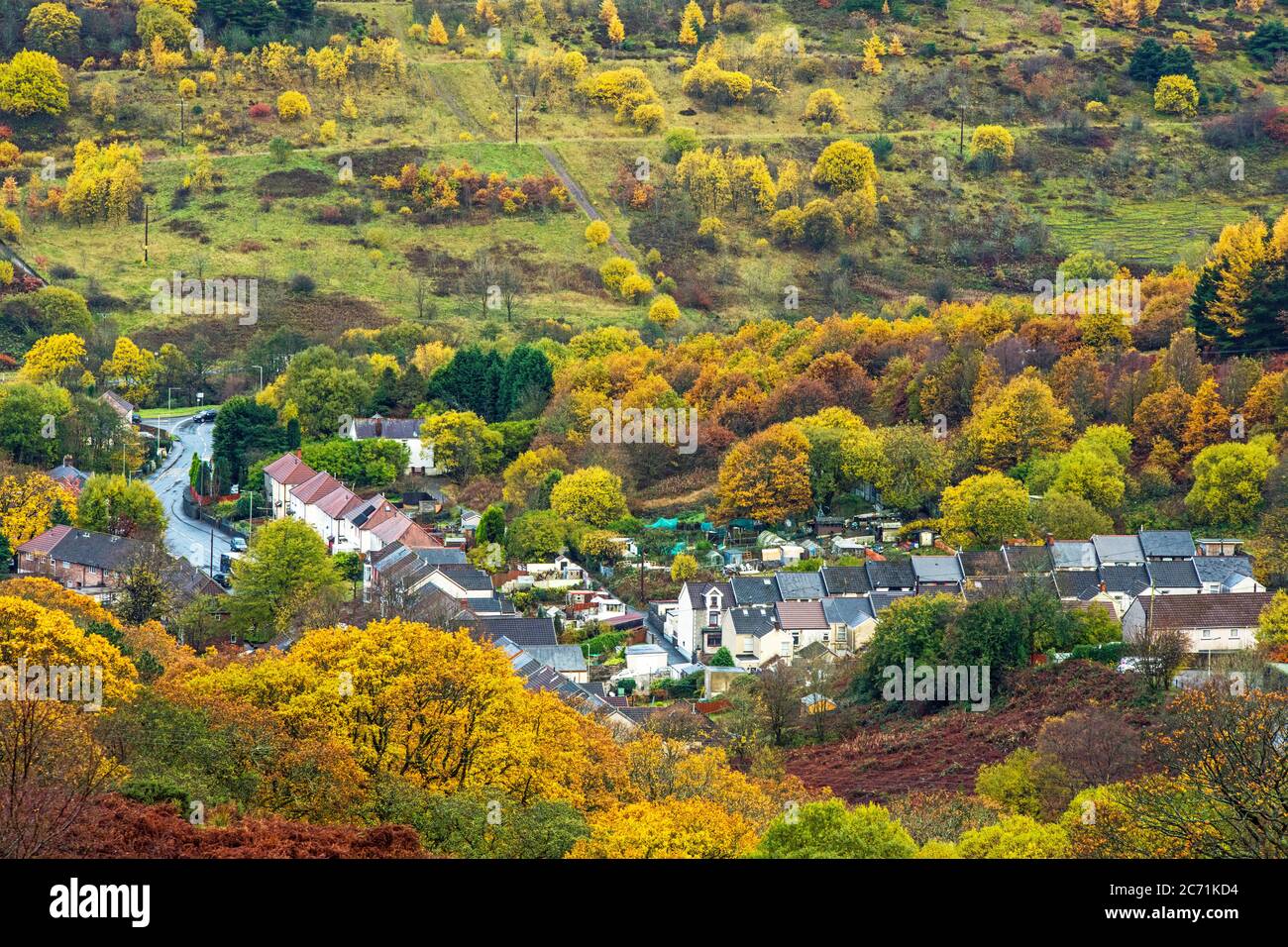 The Rhondda Valley town or village of Blaenrhondda in the Rhondda Fawr valley in early winter in November in South Wales.A Stock Photo