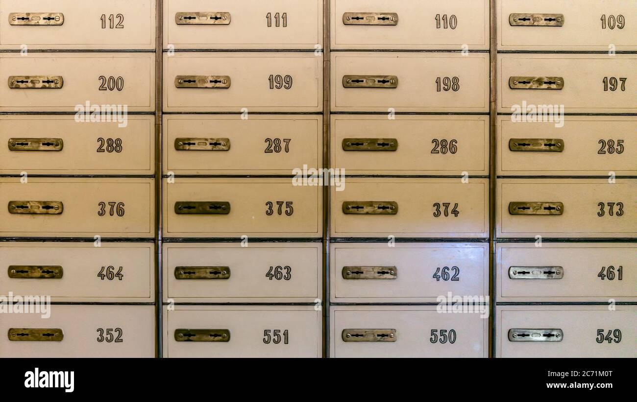 istanbul, Turkey - January 2018: Rows of safety deposit boxes in a bank vault or security lockers Stock Photo