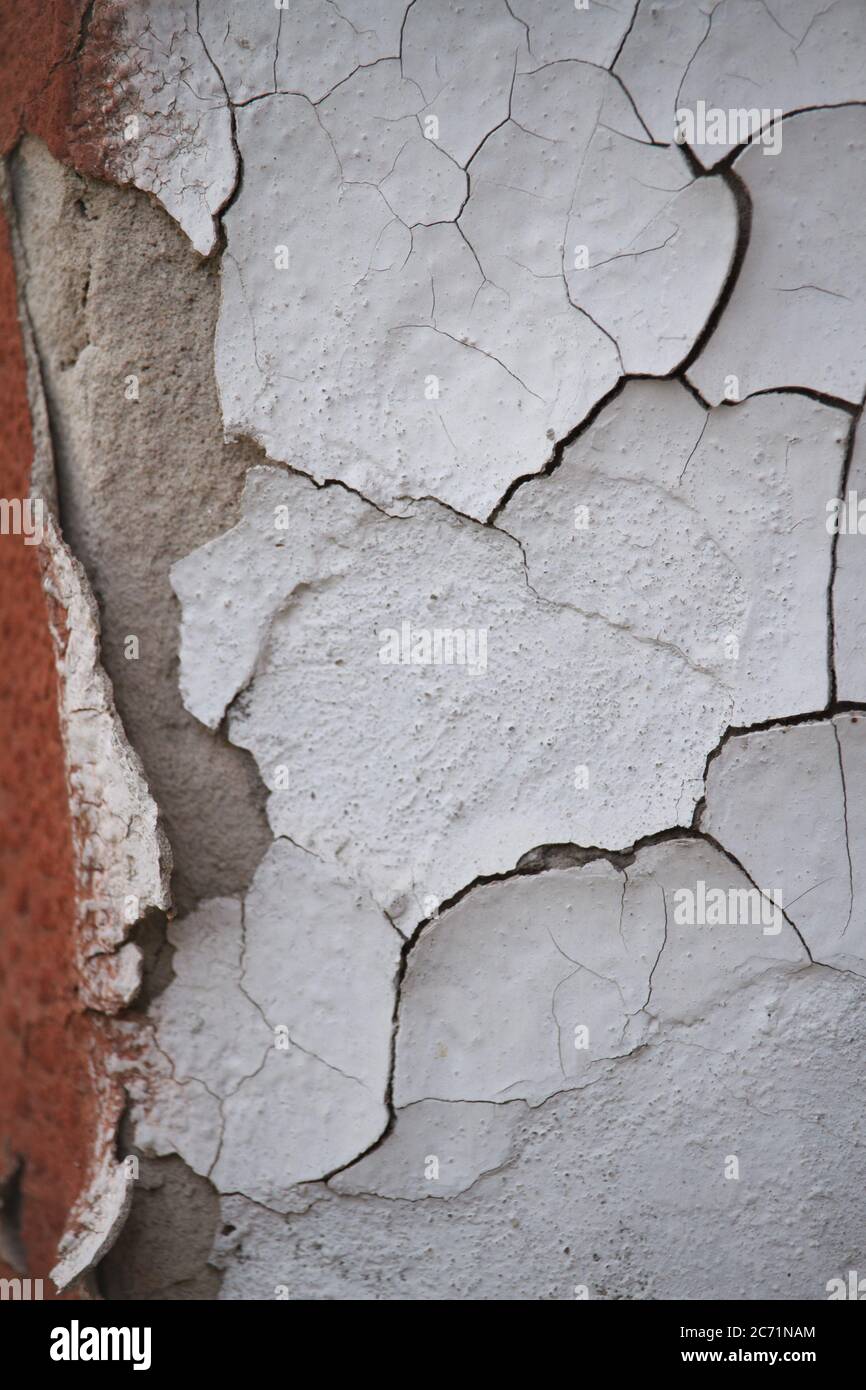 Old flaky cracked paint on gray wall, old paint background, selective focus Stock Photo