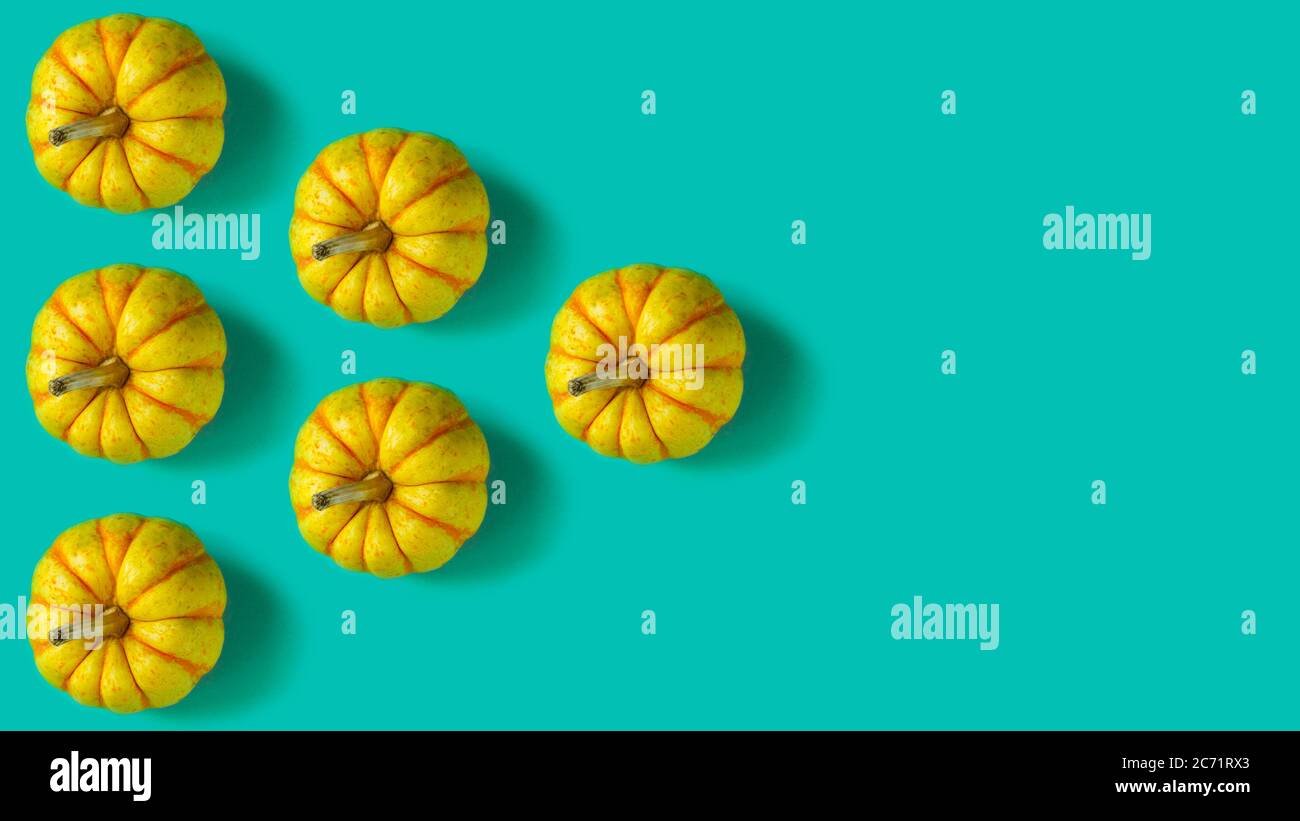 Pattern with pumpkins on a green background. Copy space Stock Photo