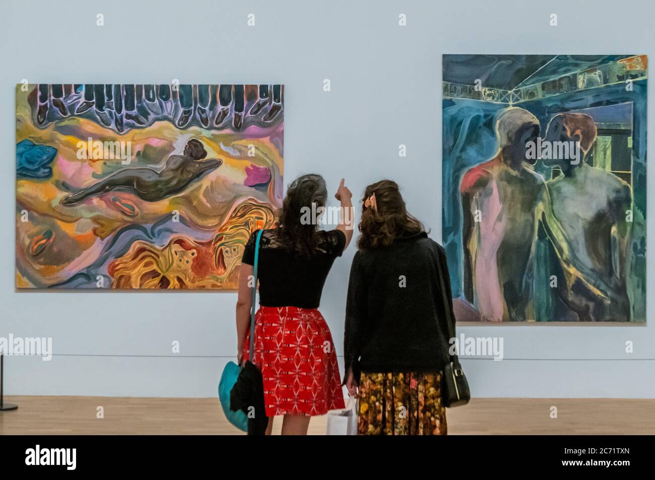 Works by Michael Armitage, incl #mydressmychoice, 2015 - Whitechapel Gallery reopens to the public on 14 July 2020 (after the easing of Coronavirus, covid 19, lockdown restrictions) with new Health & Safety measures in place to prioritise the welfare of staff and visitors. The spring exhibition programme, including Radical Figures: Painting in the New Millennium will be extended through the summer. In line with guidance from Public Health England, the gallery has put the following measures in place, ensuring the exhibitions and displays can be enjoyed in a safe and accessible way - Timed entry Stock Photo