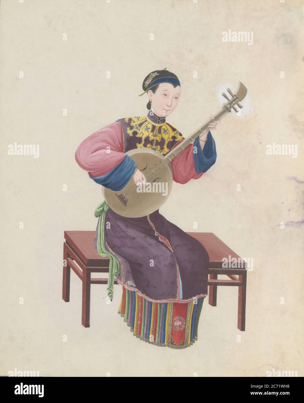 Watercolour of musician playing ruan(?), late 18th century. Stock Photo