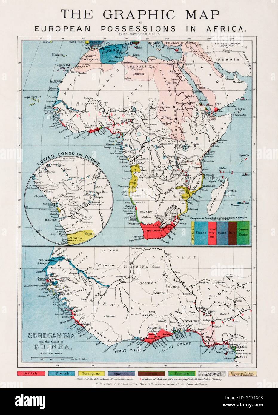 Map of European possessions in Africa in the 1880’s.  After a map which appeared in the December 20th, 1884 edition of The Graphic Stock Photo