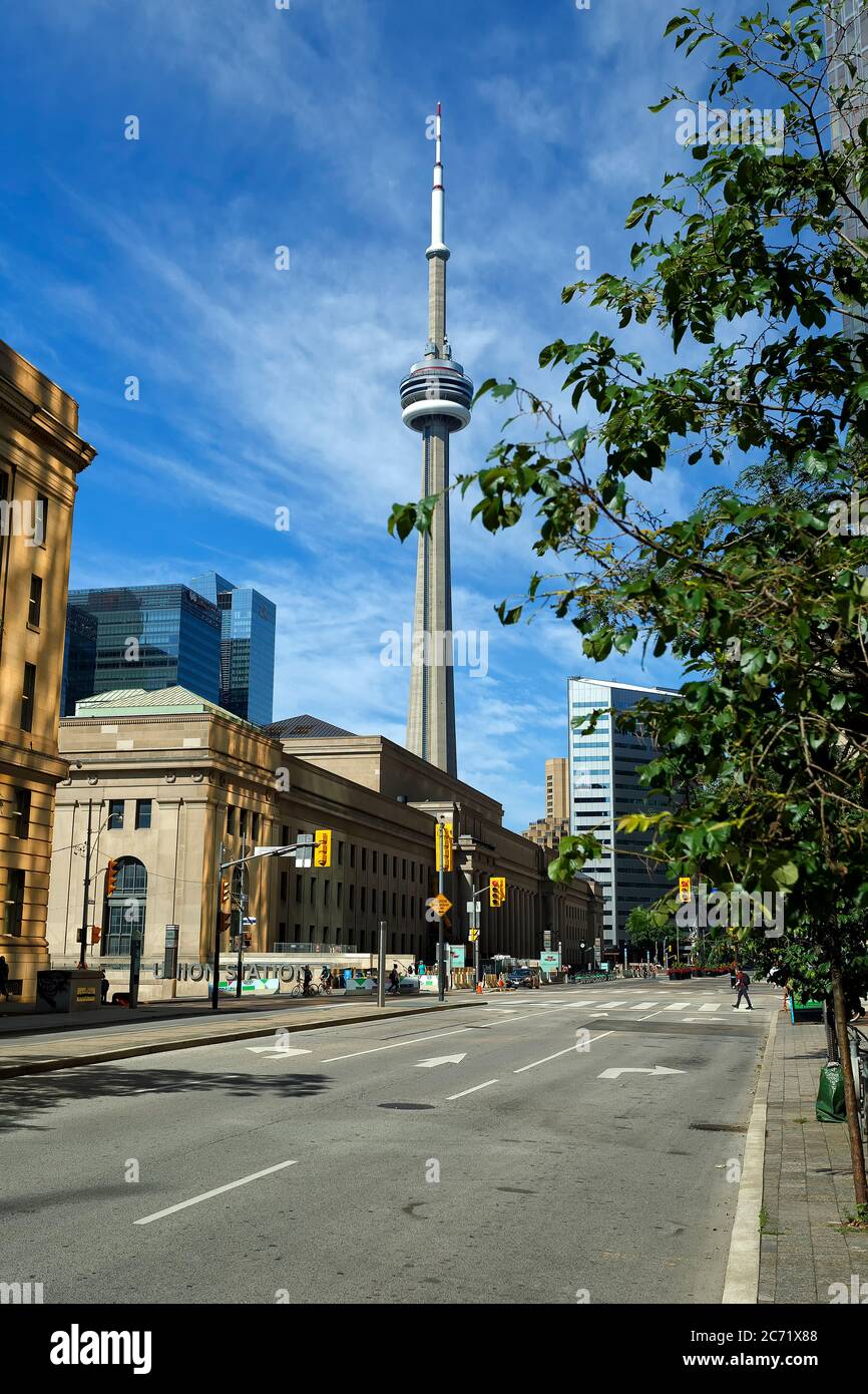View of CN Tower and Union Station Front Street Toronto Ontario Canada. Stock Photo