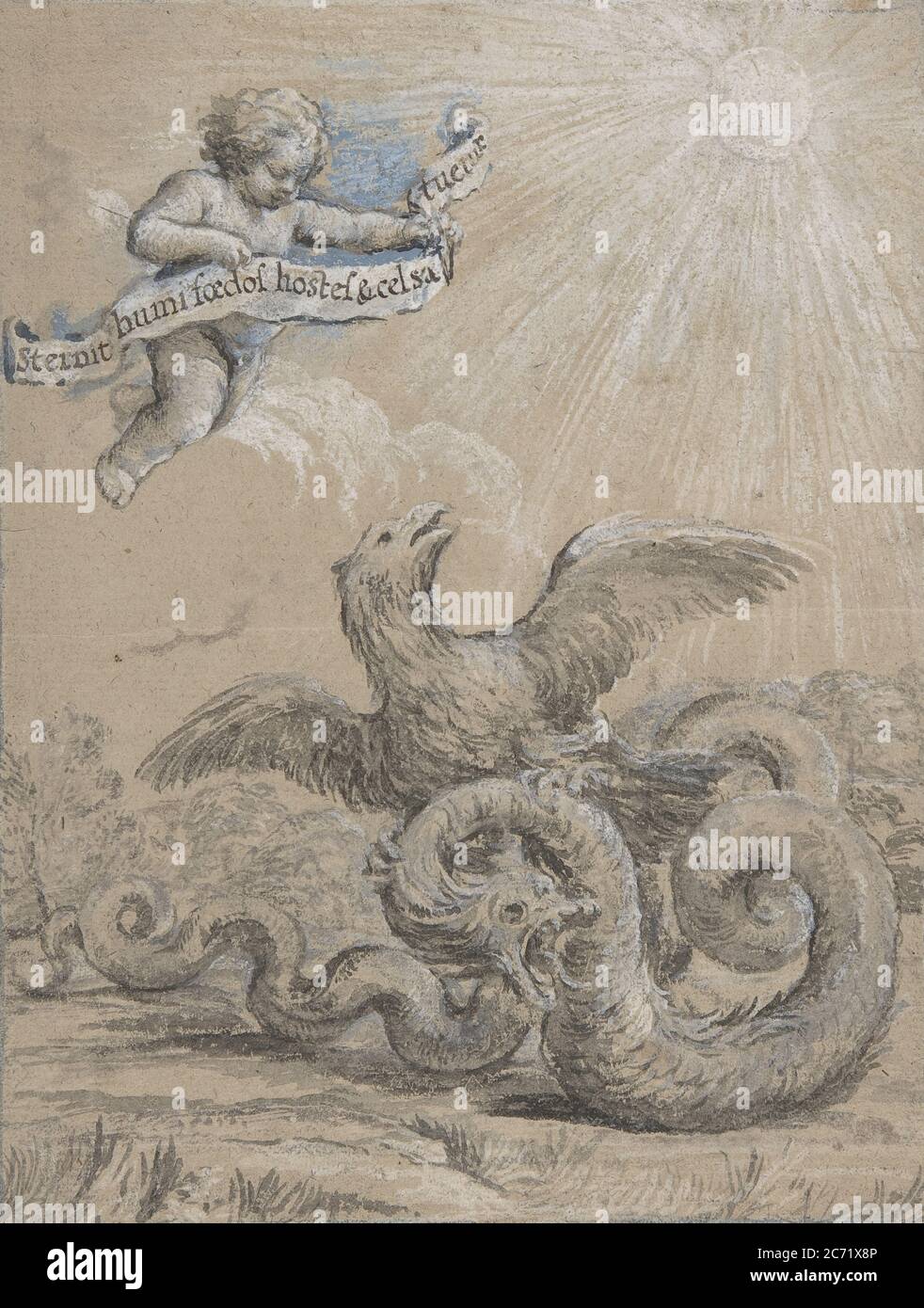 Design with an Eagle Fighting with a Serpent and a Putto in the Sky Holding an Inscribed Banner., 17th century. Stock Photo