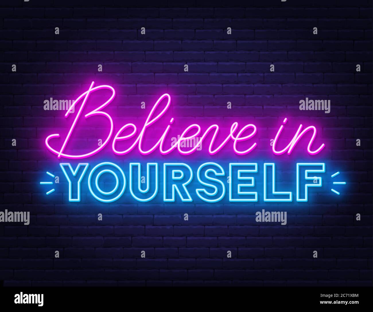 Believe in yourself neon inspirational quote on a brick wall Stock