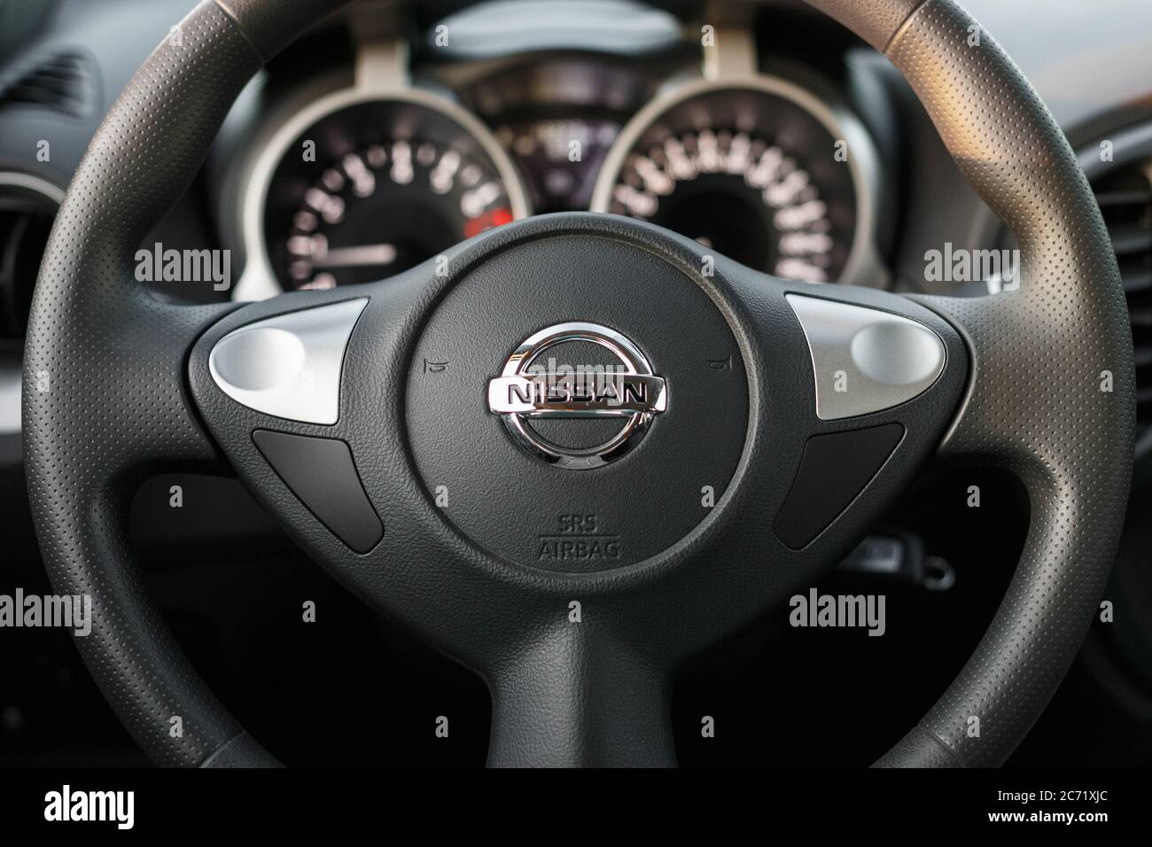 Novoselivka, Dnipropetrovsk region, Ukraine - july 02, 2020: Nissan Juke  2019 interior. Steering wheel close-up Stock Photo - Alamy