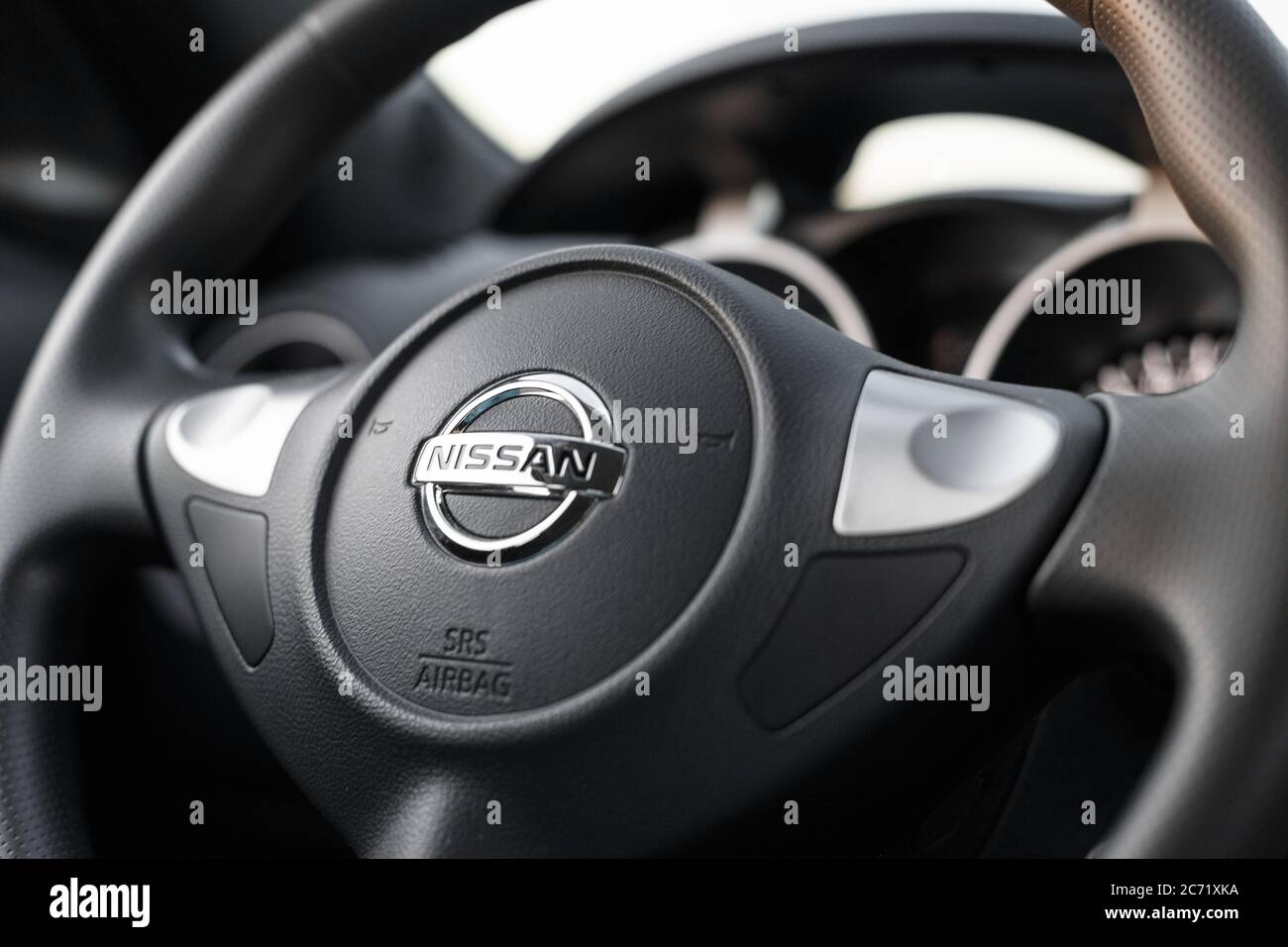 Novoselivka, Dnipropetrovsk region, Ukraine - july 02, 2020: Nissan Juke 2019 interior. Steering wheel close-up Stock Photo