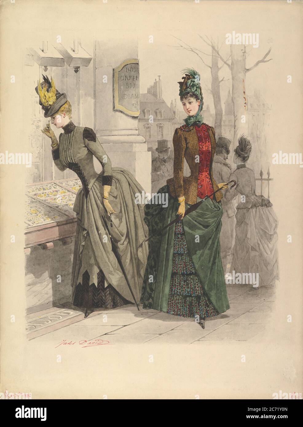 Two Women in Day Dresses: Preparatory drawing for a fashion plate from Le Moniteur de la Mode, October 19, 1886. Stock Photo