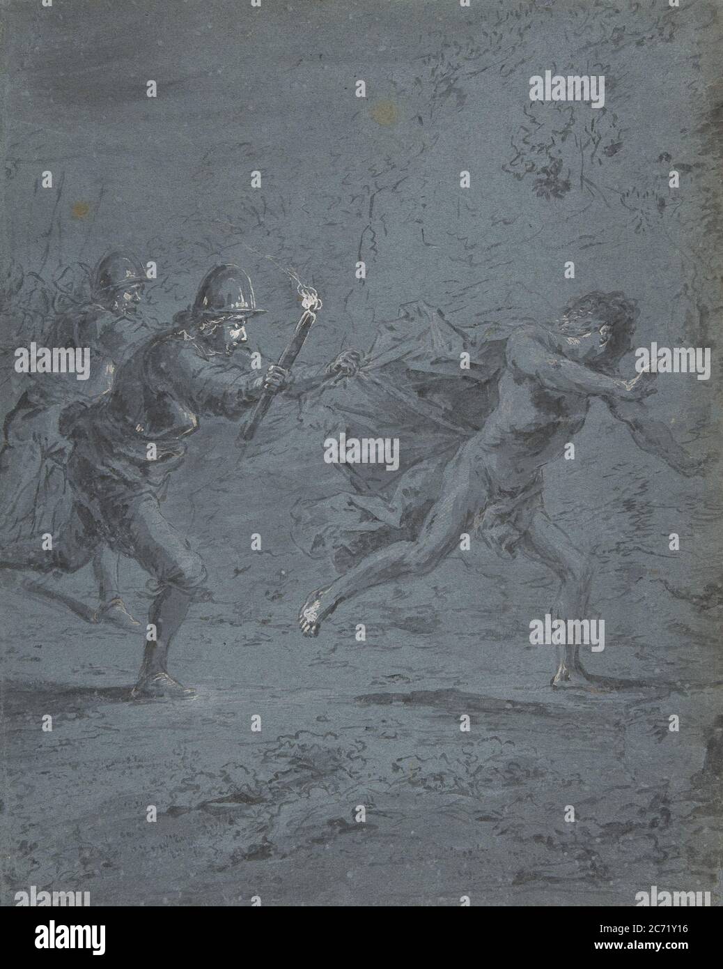 Night scene with soldiers chasing a fugitive (Mark XIV, 5-52), 1611-74. Stock Photo