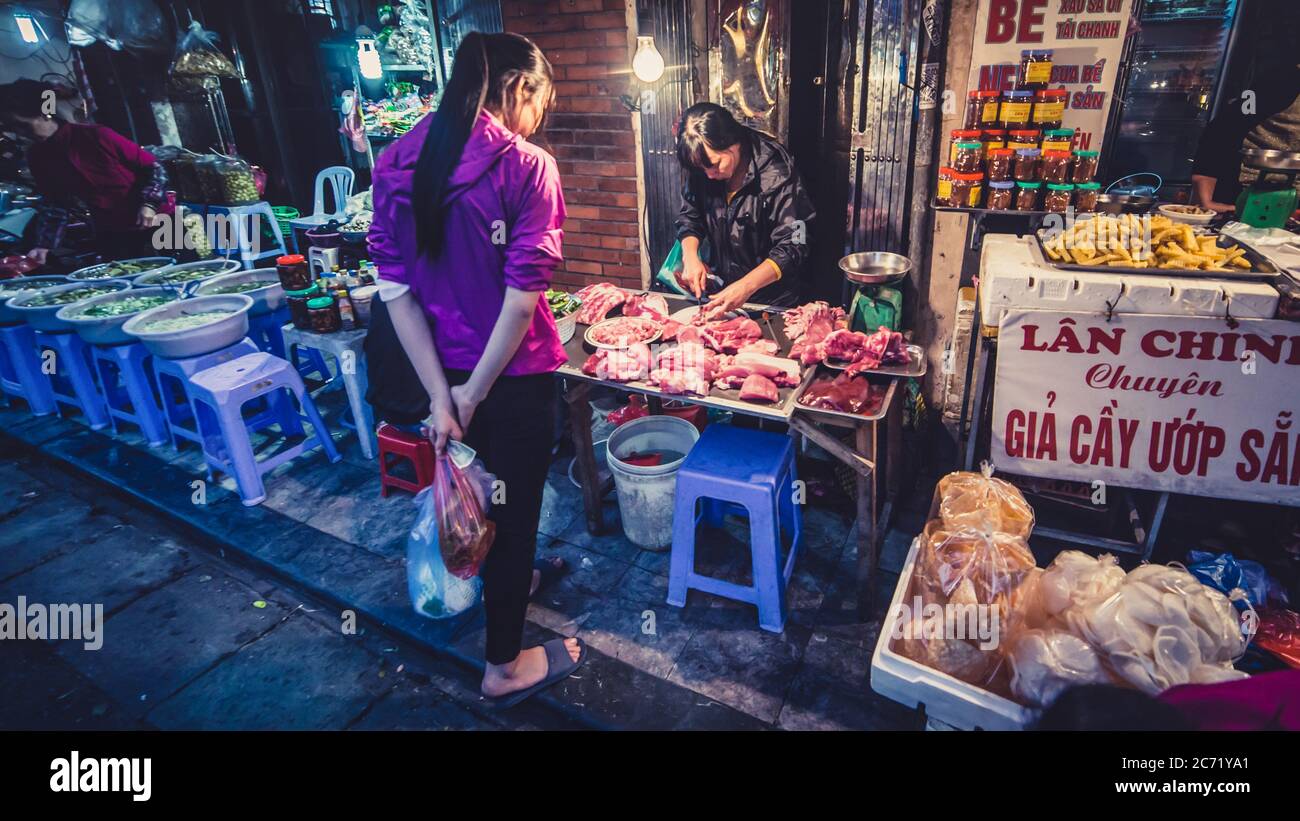 Hanoi Vietnam November 2015 Raw meat on the Vietnamese market. Woman