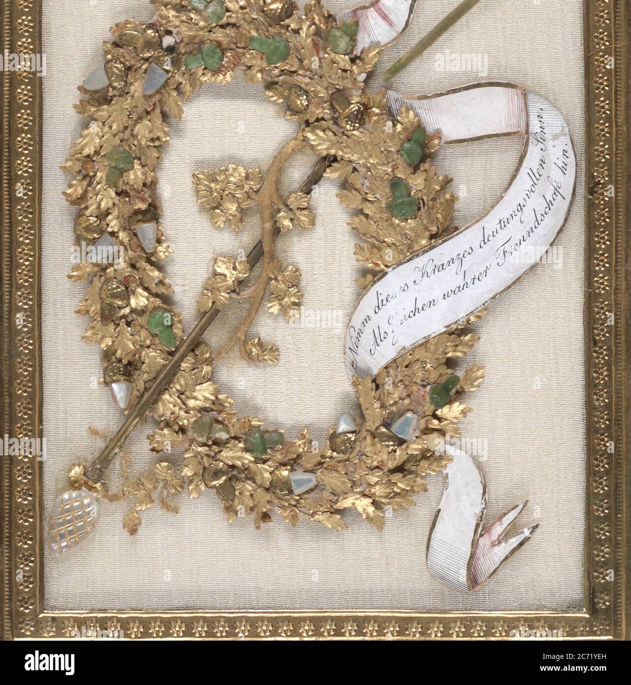 Greeting Card: wreath with acorns and oak leaves, a rod with grape vines and pearl finials; gouache, metallic paint, metallic foil, embossed and punched paper, and carved and painted mother of pearl on silk chiffon, with a gold paper border, 1810. Stock Photo