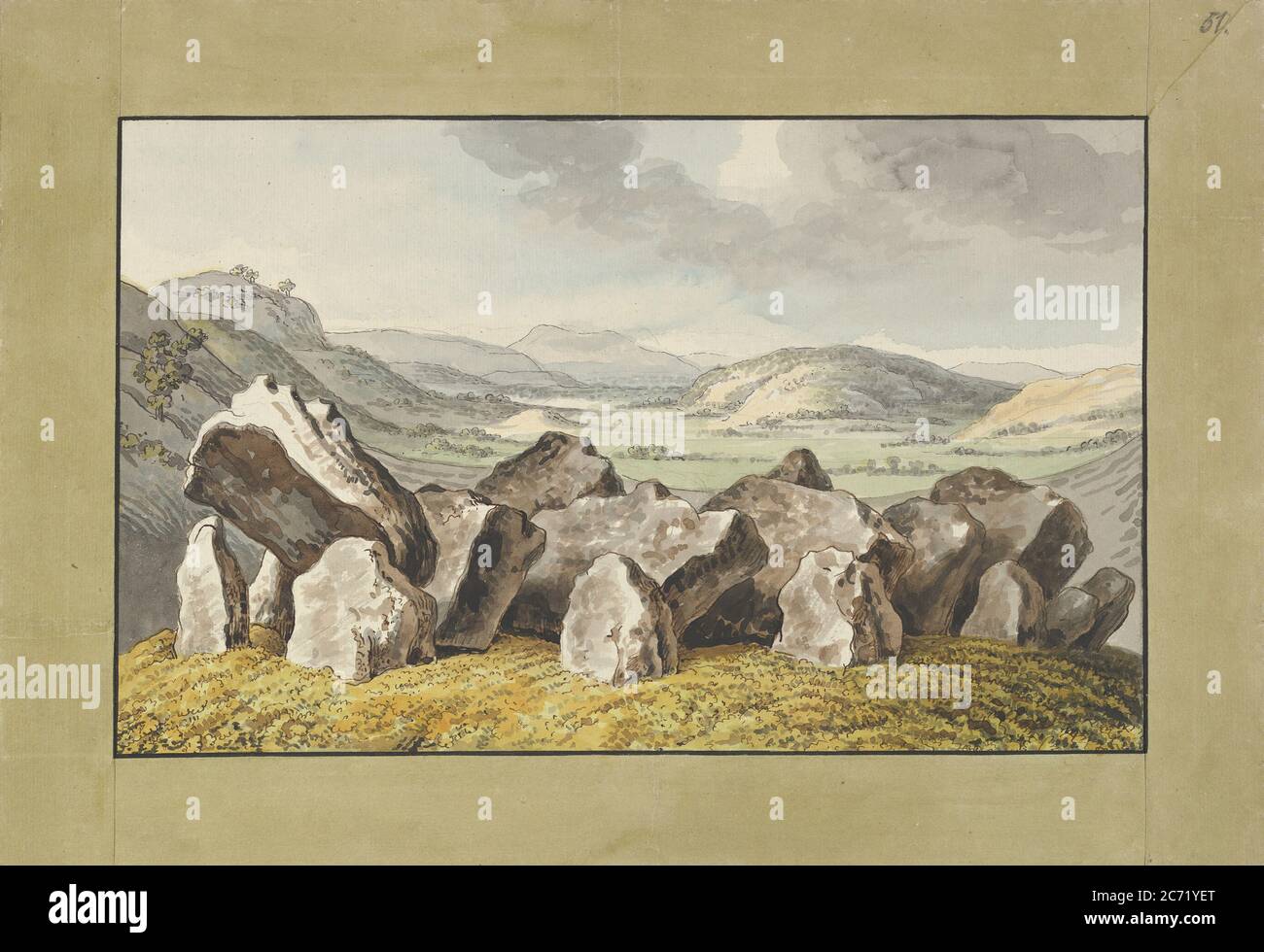 A Prehistoric Stone Circle on a Mound, an Extensive Landscape Beyond, mid-18th-early 19th century. Stock Photo