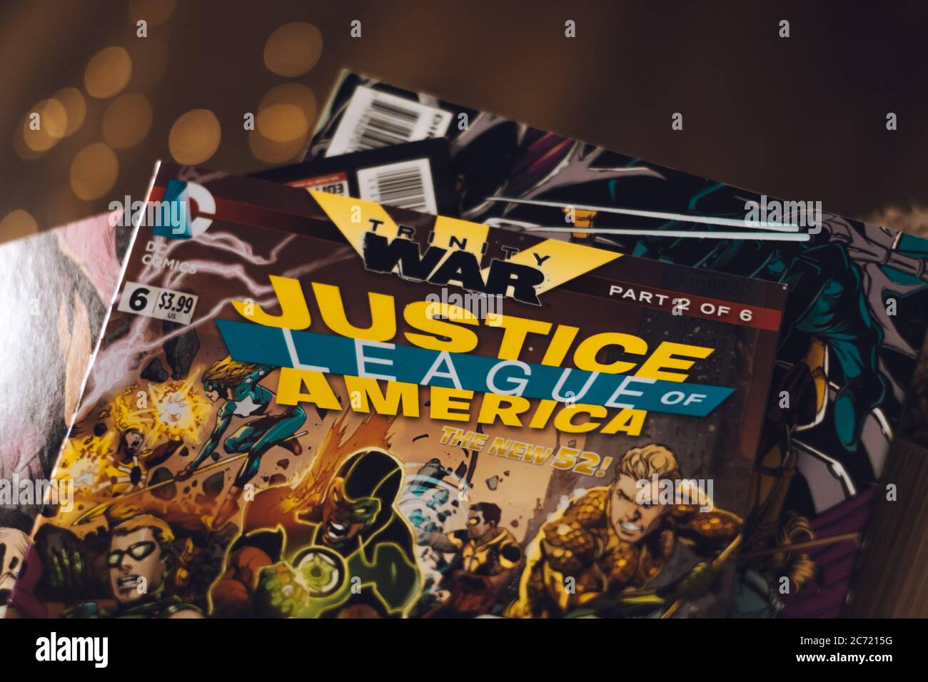 DC comic book with Justice League logo. Comics background  Stock Photo