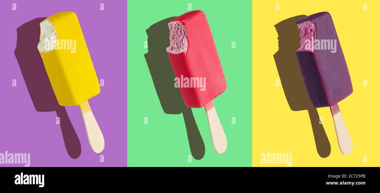 Bitten colorful glazed ice cream bars on a stick; various colors, full depth of field Stock Photo