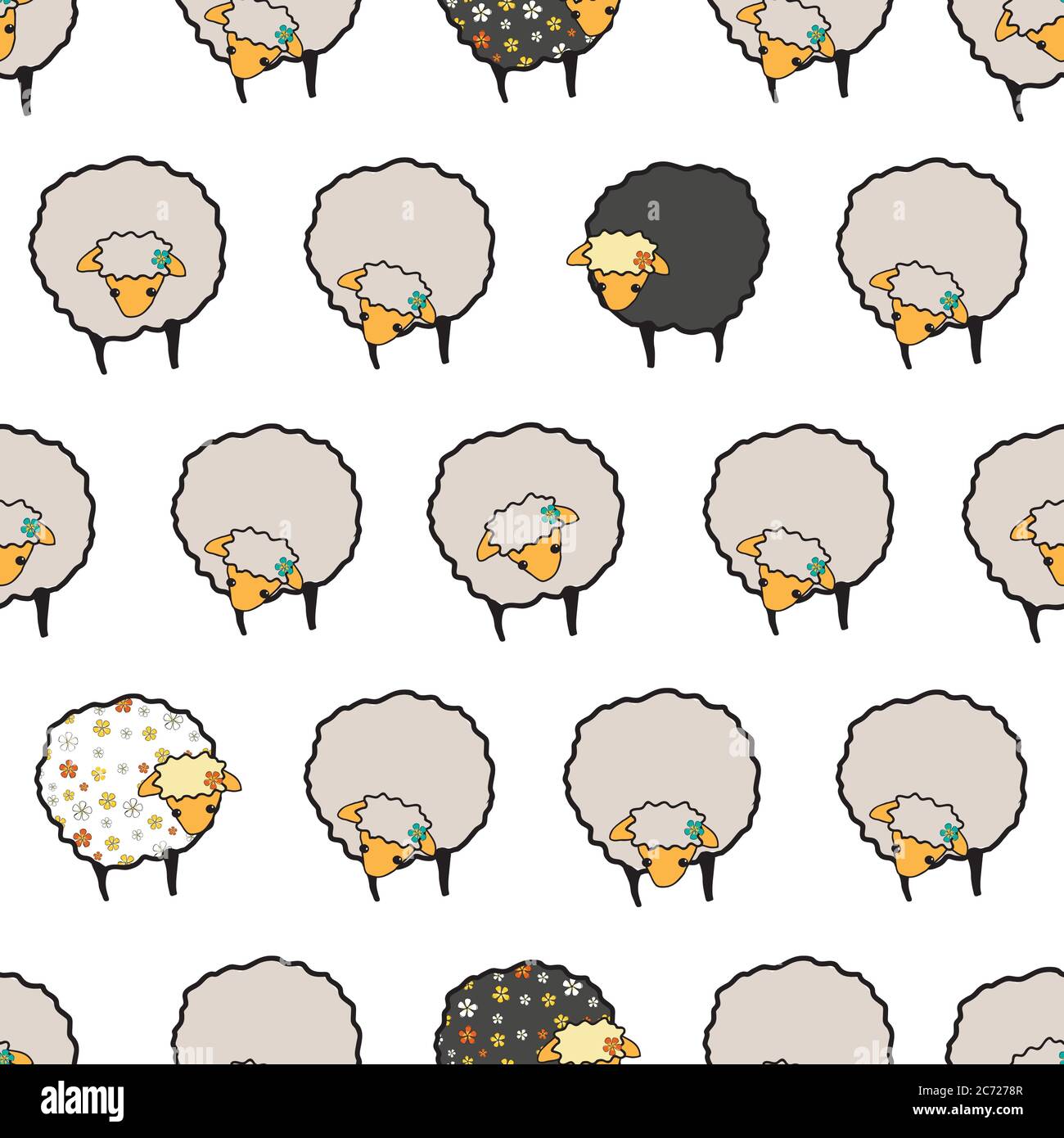 Fancy Black and white Sheep, seamless vector pattern on white ...