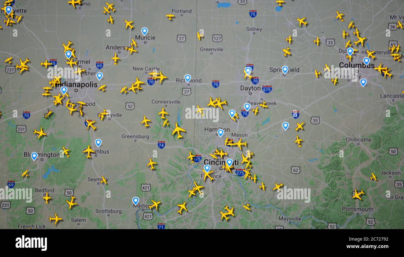 air traffic over Indianapolis, Cincinatti  aera, USA (13 july 2020, UTC 16.38) on Internet with Flightradar 24, during the Coronavirus Pandemic period Stock Photo